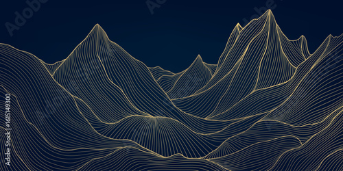 Vector art line gold mountain background, japanese abstract nature hills, rocks, sea graphic. Curve luxury view texture.