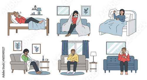 Illustrations depicting people experiencing various symptoms of illness including fever chills and general discomfort at home