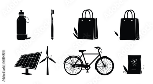 Vector silhouette illustration a collection of black and white illustrations representing ecofriendly living, including a toothbrush, shopping bag, bicycle, and wind turbine