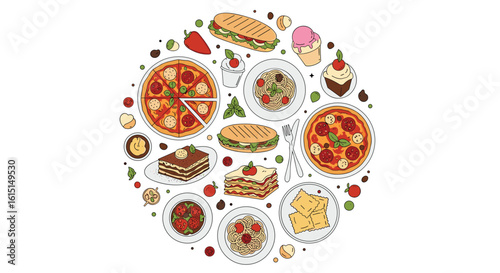 Delicious italian food assortment pizza pasta lasagna desserts sandwiches and more in circular design