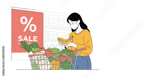 A woman happily shops for fresh produce during a special sale event at the grocery store with a prominent percentage discount sign
