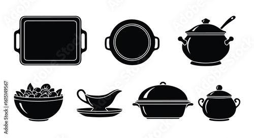 Vector silhouette illustration a collection of black and white illustrations of various kitchenware and cookware items, including baking dishes and a gravy boat