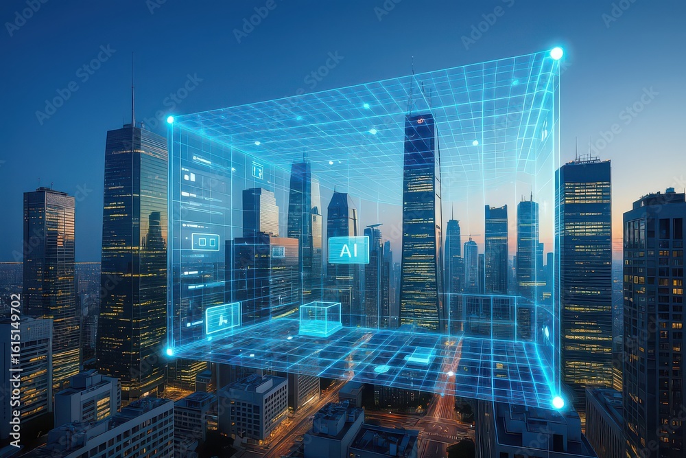 Obraz premium Visionary smart city showcasing advanced artificial intelligence and interconnected digital infrastructure for a futuristic urban landscape.