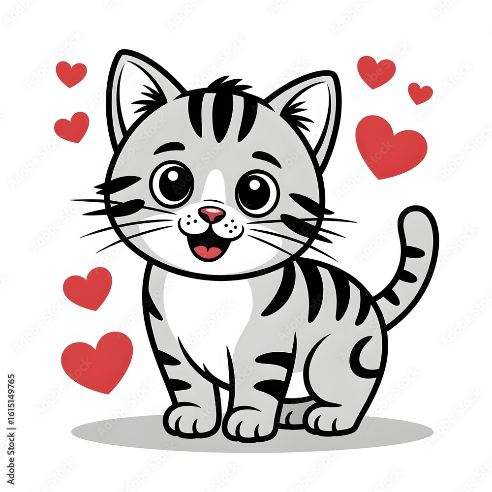Fototapeta premium Adorable Gray Striped Cat Surrounded by Hearts