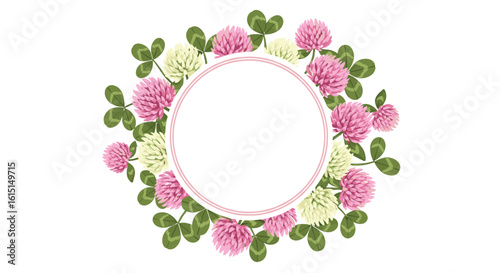 Beautiful circular floral arrangement with pink and white clover flowers and green leaves adorned with a delicate white border perfect for adding a touch of nature to any design project