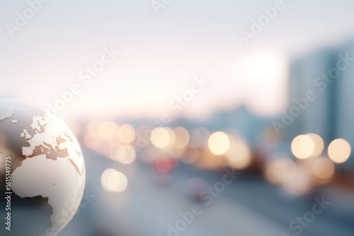 Globe in Foreground with Blurred City Traffic at Sunset