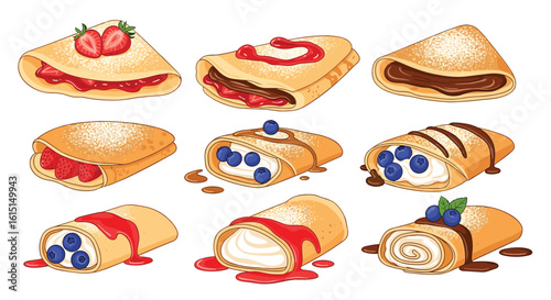 A delicious assortment of sweet crepes filled with fresh fruits and creamy sweet fillings perfect for breakfast or dessert