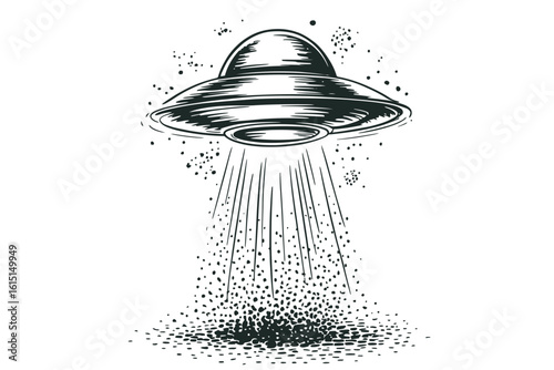 Monochrome Illustration of Flying Saucer Unleashing Beam of Light from Underside with Space Dust and Impact Crater