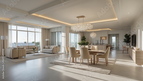 Luxurious Modern Open Concept Living and Dining Room with Panoramic Ocean View. Elegant Home Interior Design, Bright Natural Light.