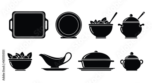 Vector silhouette illustration a selection of tableware and dishes, including a plate, bowl of salad, gravy boat, and casserole dish