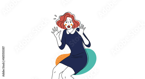 Surprised woman in a blue dress reacting with astonishment and wide eyes to an unexpected event with flying particles