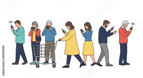 People engrossed in their mobile phones ignoring their surroundings on a white background representing modern life and digital addiction
