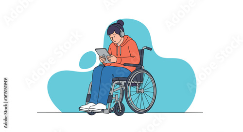Person with disability using a tablet while sitting in a wheelchair experiencing digital access and online engagement in a modern setting