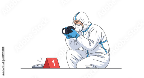 Forensic investigator in hazmat suit documents crime scene evidence with camera photographing shoe and marker number one
