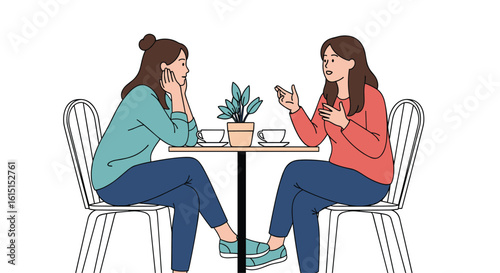 Two young women sitting at a table in a cafe discussing something important over coffee and drinks