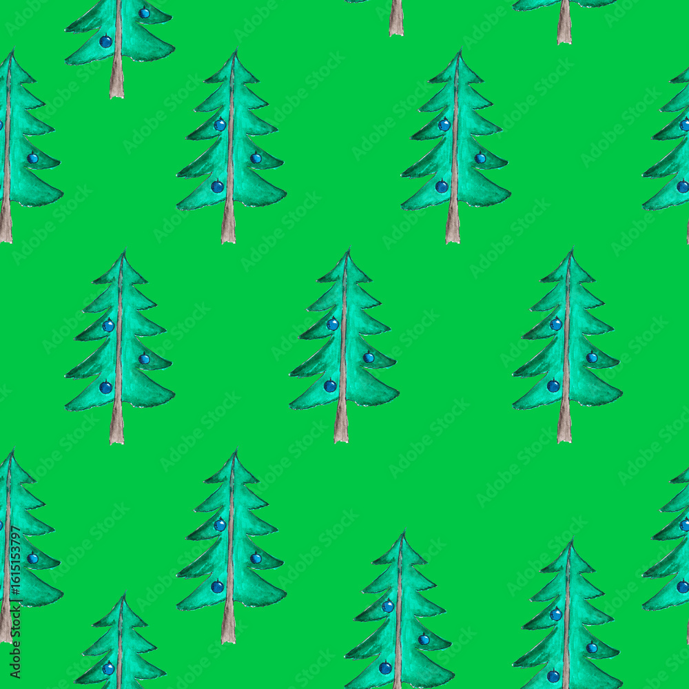 Obraz premium seamless pattern of hand drawn christmas tree on green background, watercolor illustration