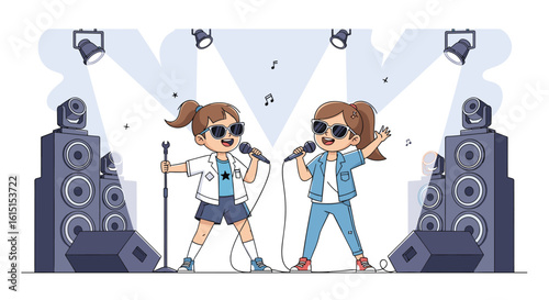 Two young girls performing together on a stage with microphones and speakers celebrating their musical talent