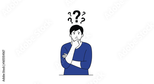 A confused person with a question mark above their head contemplating a difficult situation trying to find a solution