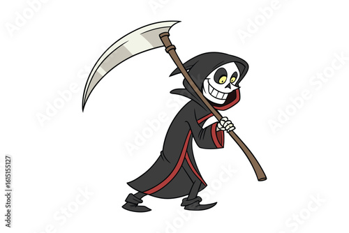 Cartoon grim reaper character with a scythe walking forward isolated on white background silhouette