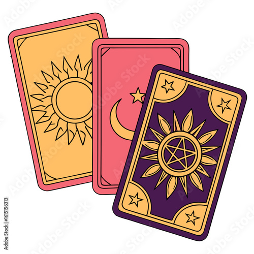 Mystical Tarot: Three intricately designed tarot cards, each radiating with symbolic art, lie artfully arranged, promising insights into the hidden realms of divination and self-discovery.