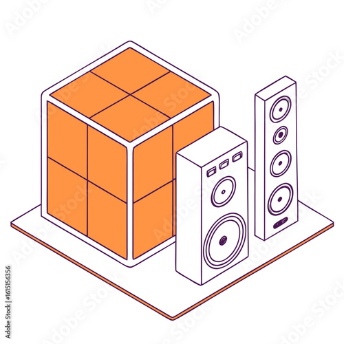 Isometric Audio Equipment: A cool and stylized isometric illustration, perfect for modern music, technology, sound system, and audio-related themes. The illustration shows a large speaker.