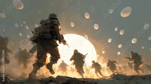 Soldiers advancing with determination at sunset.