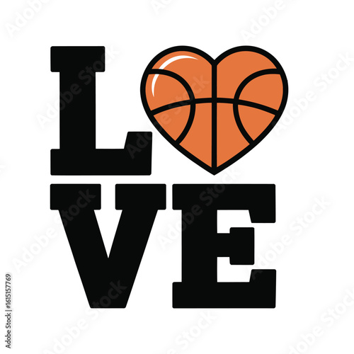 Basketball heart shape replaces the letter o in the word love creating a sports themed graphic silhouette