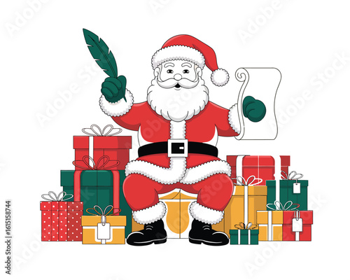 Santa Claus checking Christmas naughty or nice gift list or writing letter to child cartoon scene  vector Illustration


