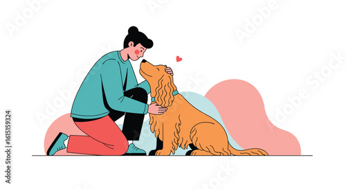 A person kneels down to pet their beloved dog showing affection and companionship during a relaxing day outdoors together enjoying each other's company