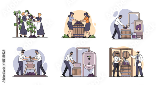 Illustrations depicting people collaborating in agricultural harvesting and winemaking processes creating a cohesive visual narrative