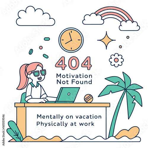 Humorous illustration depicting the contrast between being mentally on vacation while physically at work featuring a relaxed individual with a tropical scene in their mind