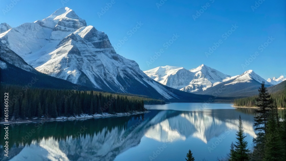Serene Rocky Mountains Reflected in Calm Lake with Clear Sky Serene Rocky Mountains Reflected in Calm Lake with Clear Sky