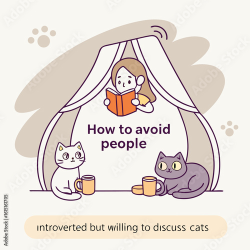 Introverted cat lover expressing willingness to discuss felines with a companion featuring a whimsical design