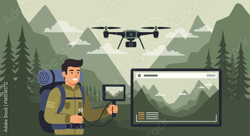 Hiker Using Drone To Capture Video In A Mountainous Landscape