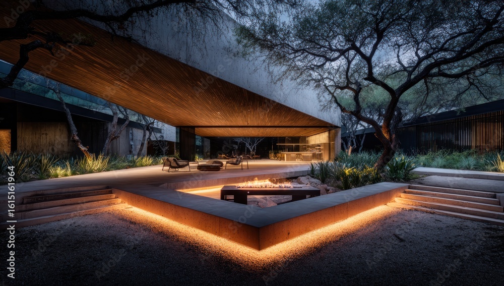 Fototapeta premium Modern courtyard A geometric building features a cantilevered roof. A sunken seating area, highlighted with orange lights, sits amongst trees and foliage, offering a warm glow in the dusk