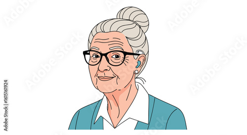 A friendly elderly woman with her hair in a bun wearing glasses and a teal blazer over a white shirt