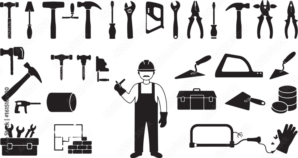 Fototapeta premium A collection of black silhouette icons representing various construction tools and a worker in uniform.