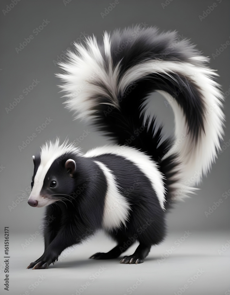Fototapeta premium A tiny skunk with a sleek black and white coat, positioned slightly to the left, isolated in a minimalist setting.