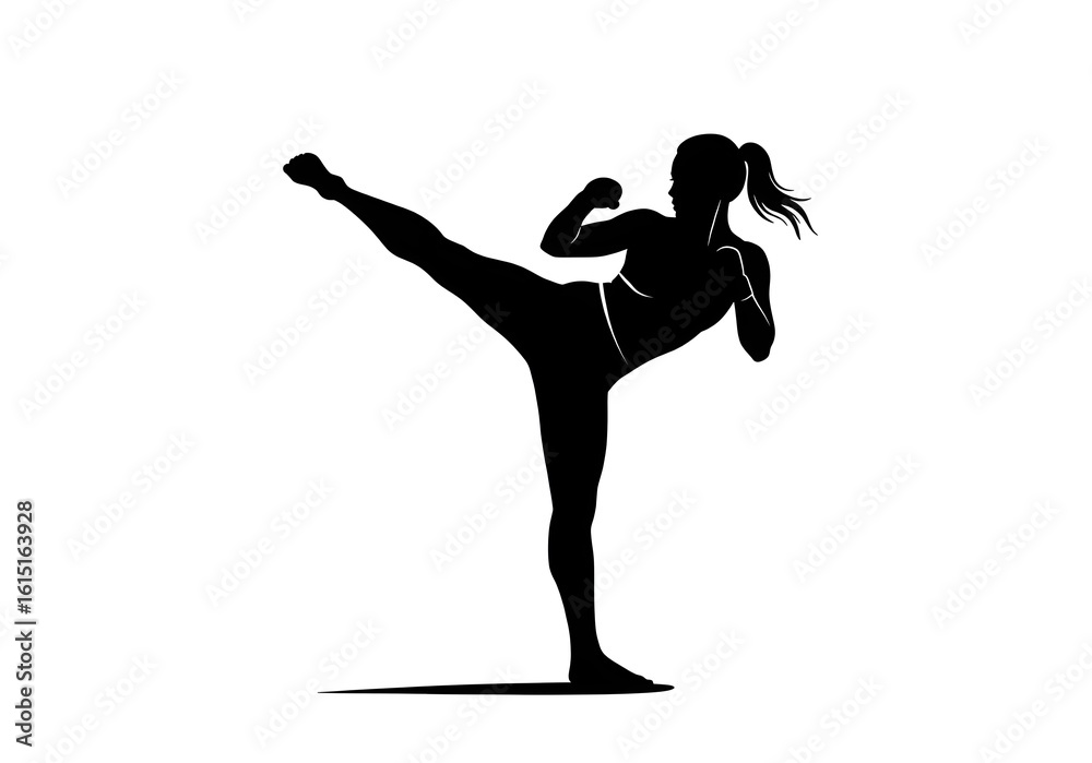 Naklejka premium Silhouette of a woman in a fighting stance with a kick and clenched fists on a white background