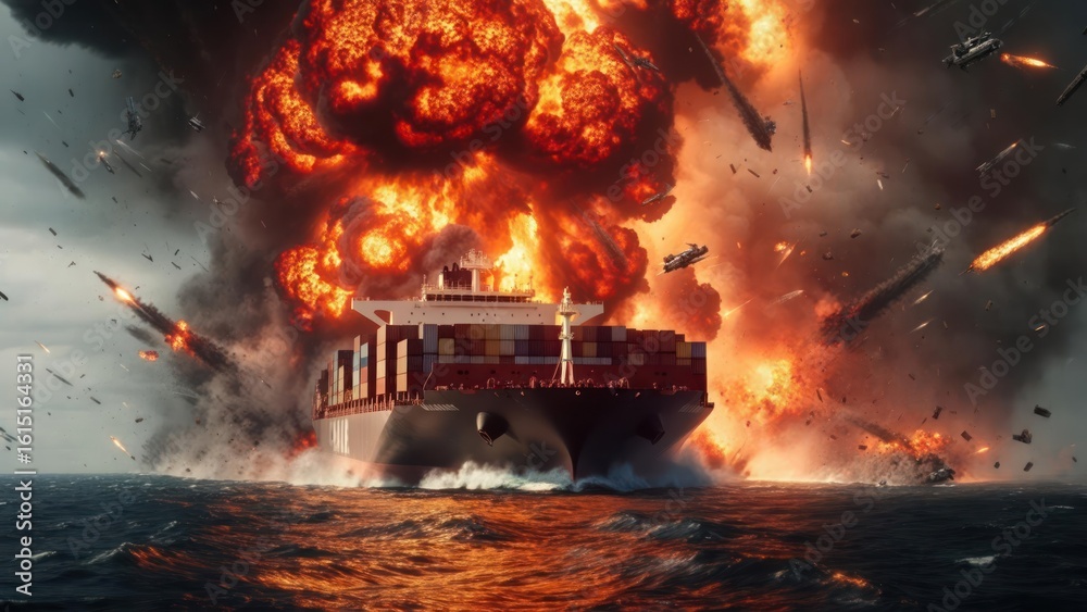 Fiery explosion engulfing a cargo ship amidst missile attacks at sea Fiery explosion engulfing a cargo ship amidst missile attacks at sea