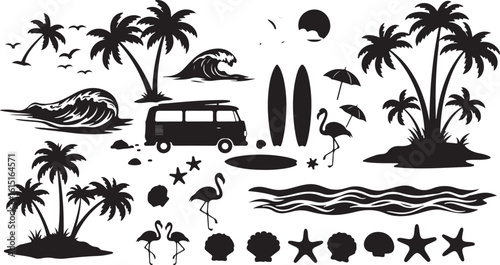 Tropical beach and surfing theme silhouette elements collection. Includes a retro travel van, surfboards, palm trees, and summer icons.