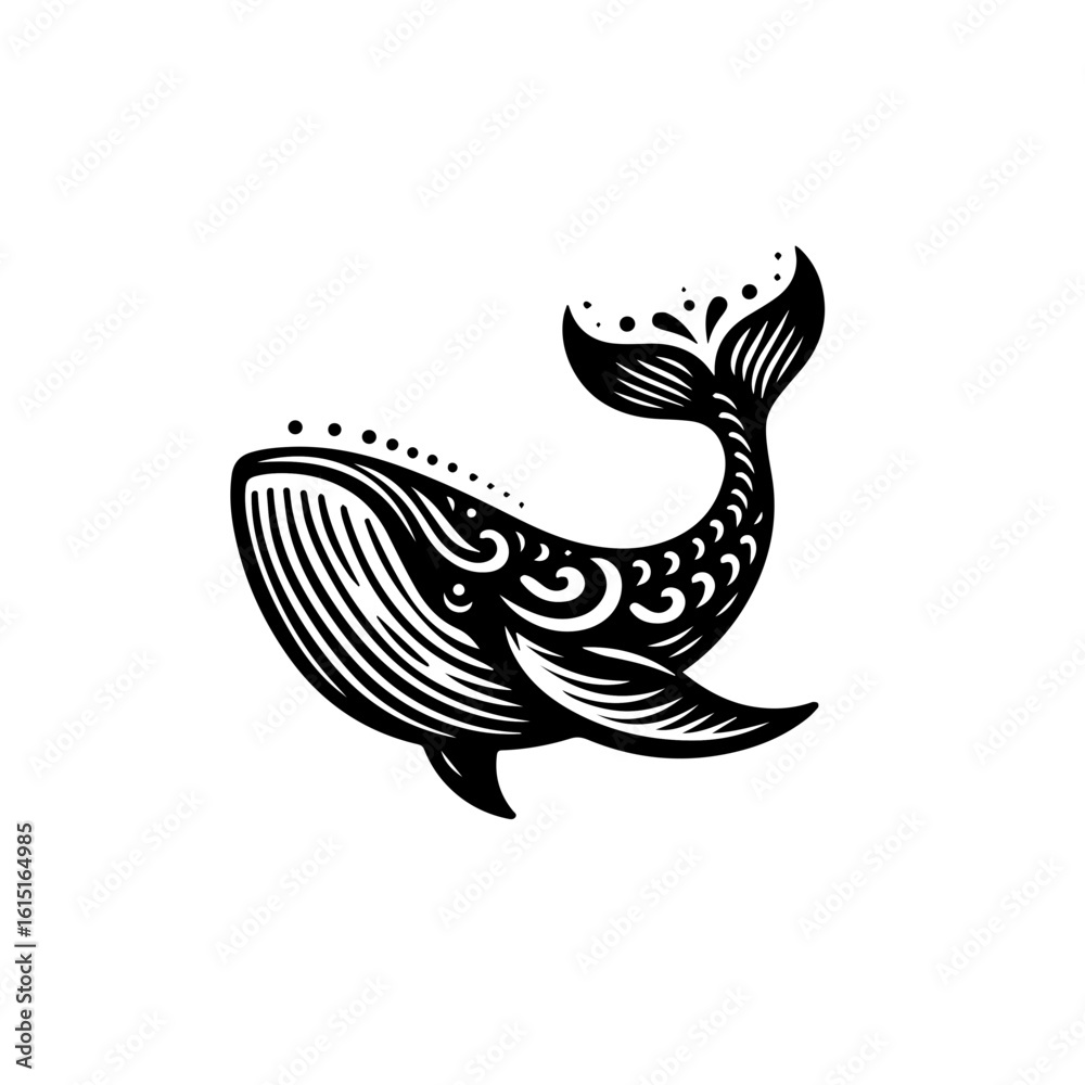 Naklejka premium A stylized black and white whale illustration