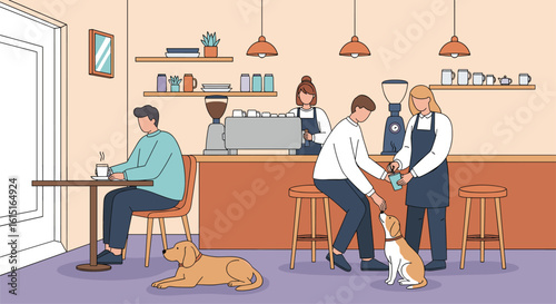 People and dogs enjoying a casual day at a cozy coffee shop with friendly baristas serving drinks and treats