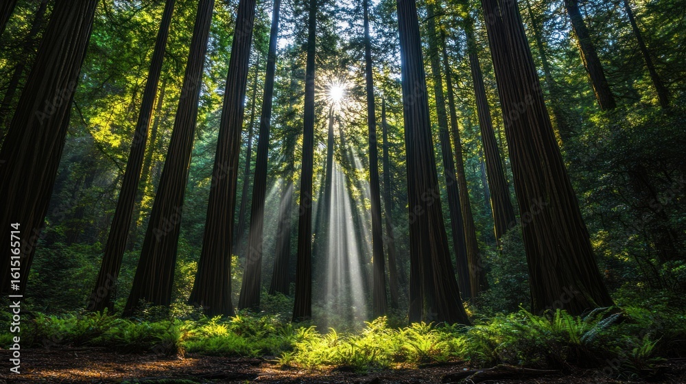 Fototapeta premium Sunlight filtering through Redwood trees