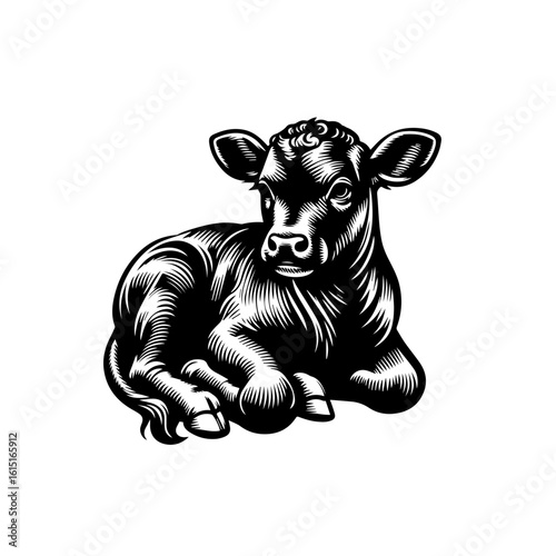 A young calf resting peacefully on a white background