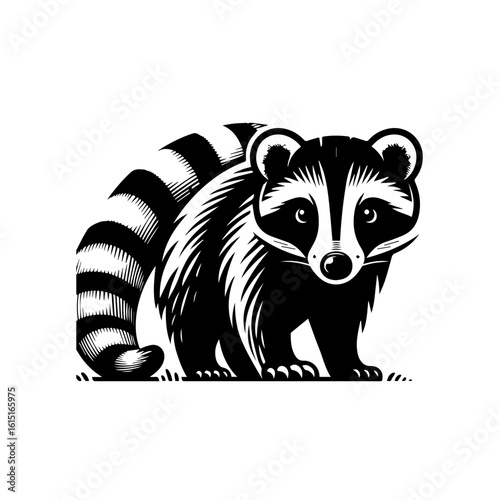 A stylized raccoon with a bushy striped tail