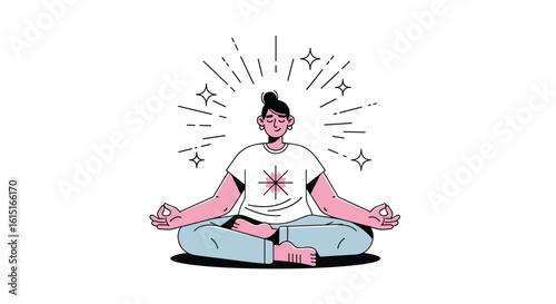 A person meditates peacefully in a serene setting surrounded by radiating light and shimmering stars promoting inner calm and tranquility