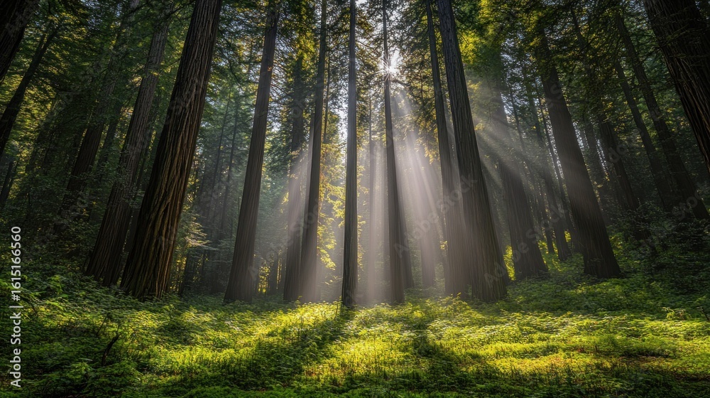 Obraz premium Sunlight streams through redwood forest
