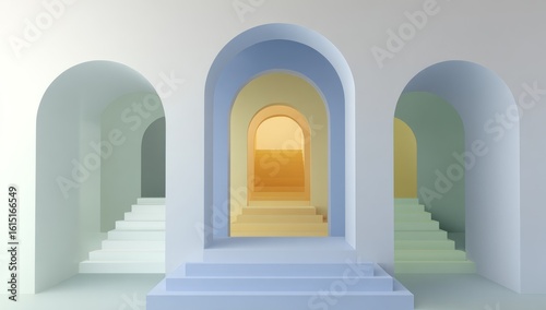 Archways lead to staircases of pastel hues, receding into depth. Soft light adds dreamlike quality to minimalist architecture, creating sense of tranquility & mystery