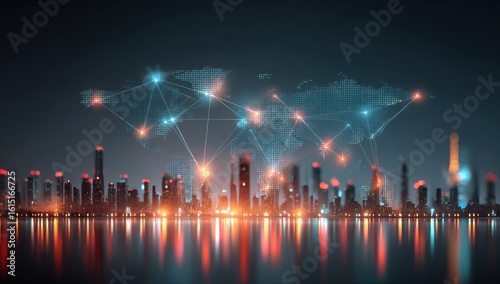 A glowing cityscape reflects in water under a networked world map projection. Lights connect buildings and the map in a vision of global connectivity